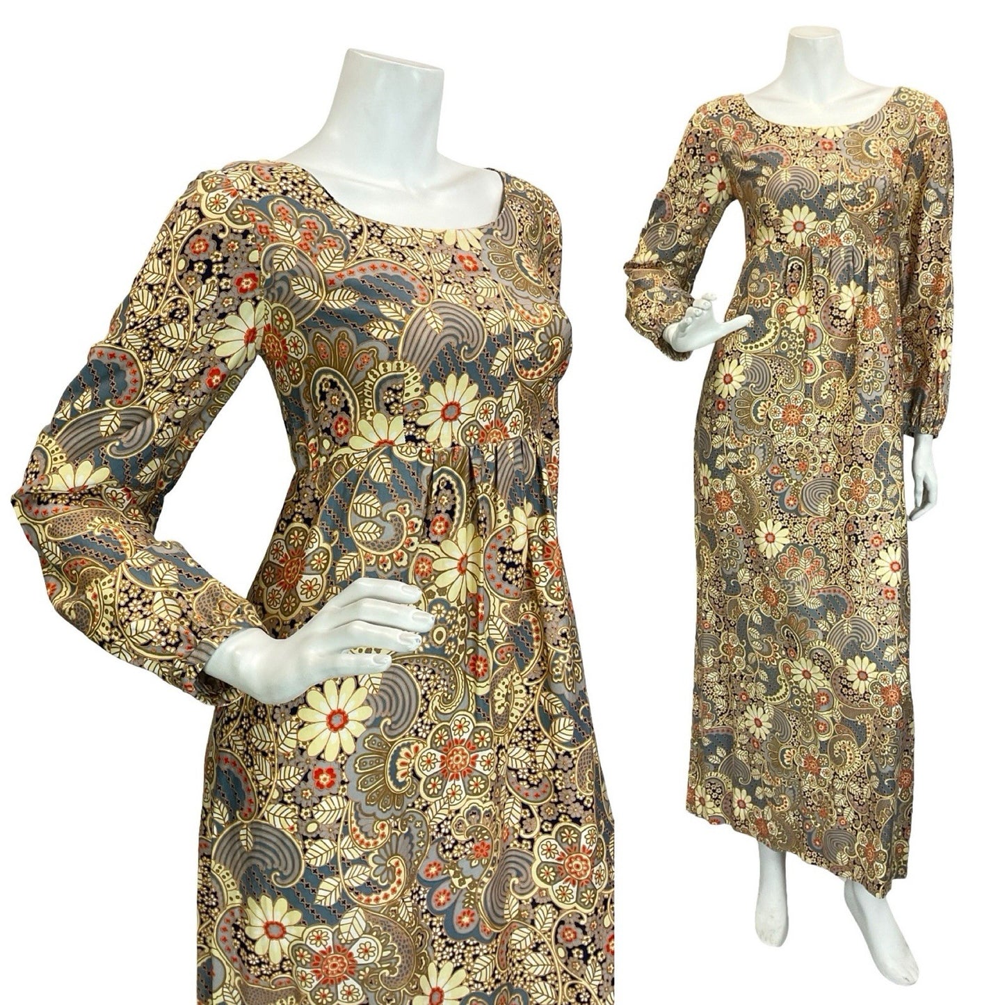 VTG 60S 70S CREAM BLUE RED EMPIRE PSYCHEDELIC SWIRL FLORAL LEAFY MAXI DRESS 8