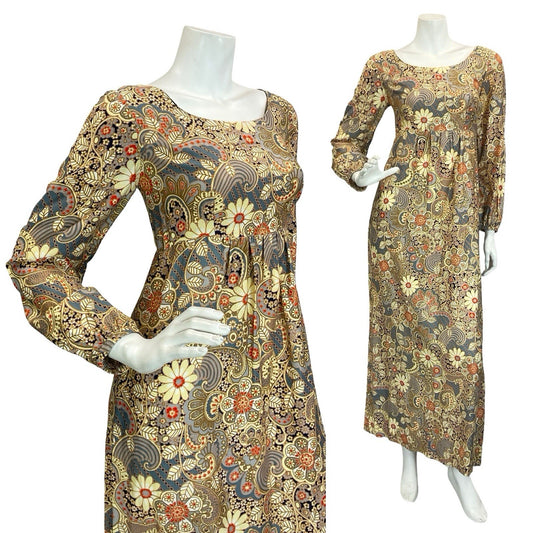 VTG 60S 70S CREAM BLUE RED EMPIRE PSYCHEDELIC SWIRL FLORAL LEAFY MAXI DRESS 8