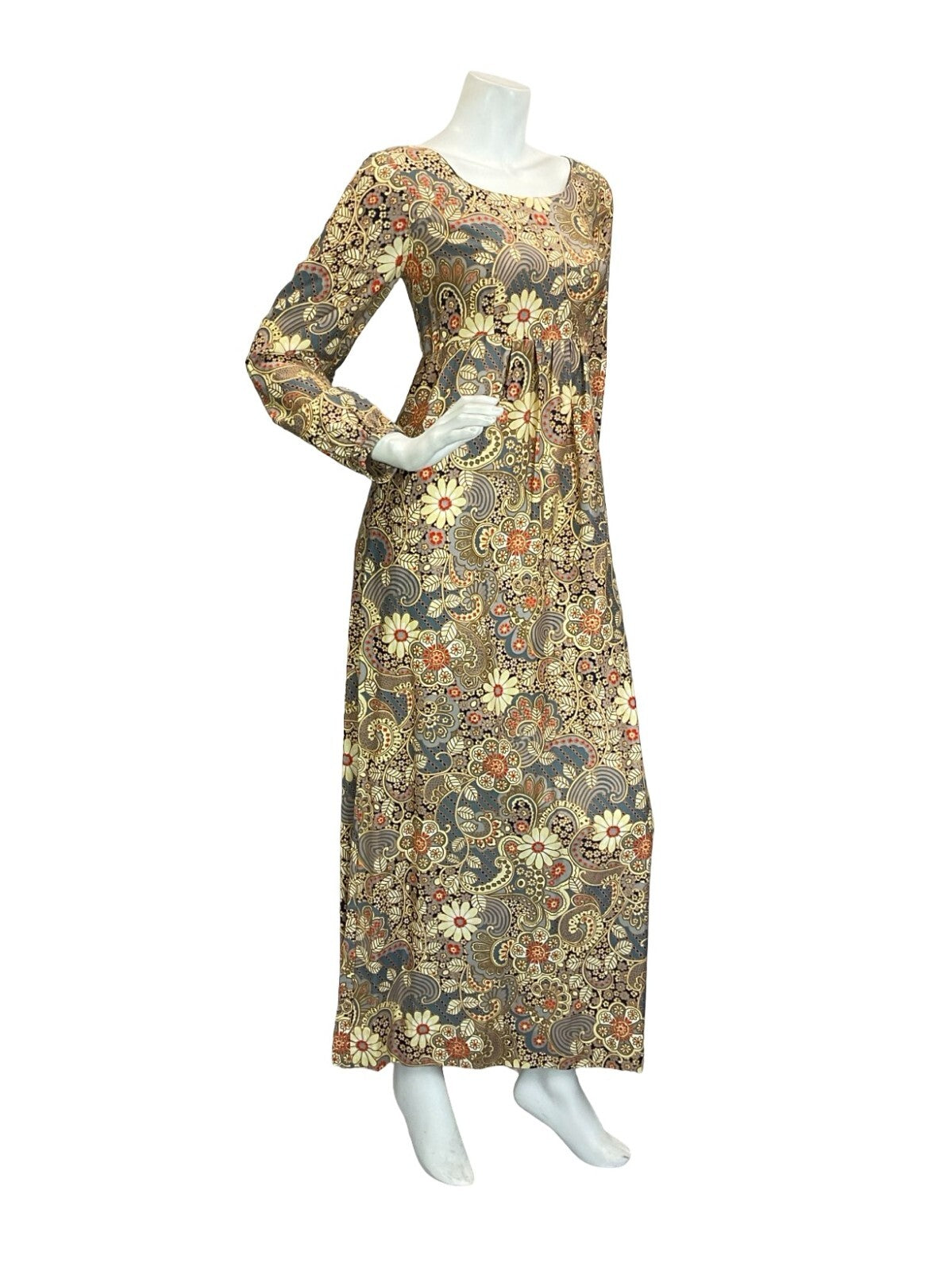 VTG 60S 70S CREAM BLUE RED EMPIRE PSYCHEDELIC SWIRL FLORAL LEAFY MAXI DRESS 8
