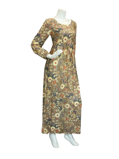 VTG 60S 70S CREAM BLUE RED EMPIRE PSYCHEDELIC SWIRL FLORAL LEAFY MAXI DRESS 8