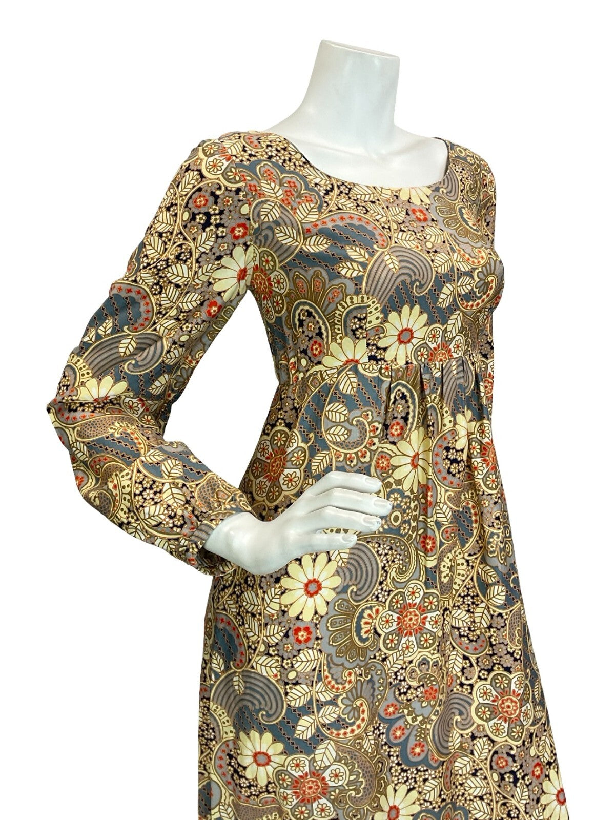 VTG 60S 70S CREAM BLUE RED EMPIRE PSYCHEDELIC SWIRL FLORAL LEAFY MAXI DRESS 8
