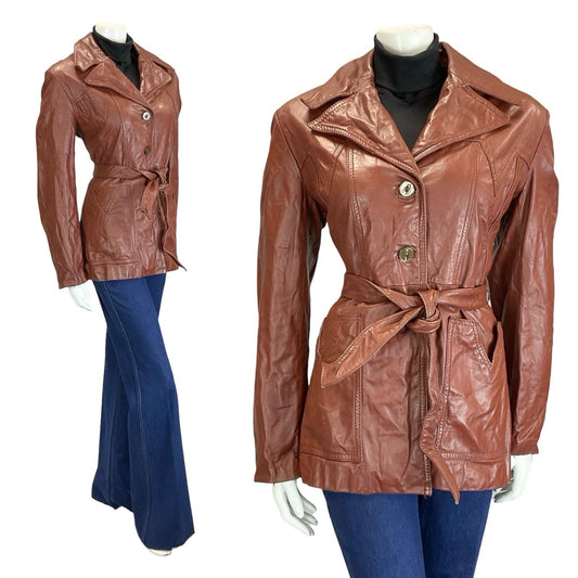 VTG 60S 70S RED BROWN WESTERN BOHO NAPPA LEATHER TIE WASIT JACKET W/ POCKETS 12