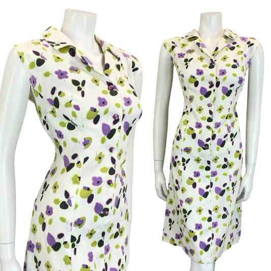 VTG 60S 70S WHITE PURPLE GREEN BLACK FLORAL SLEEVELESS SHIRT DRESS 16 18 L