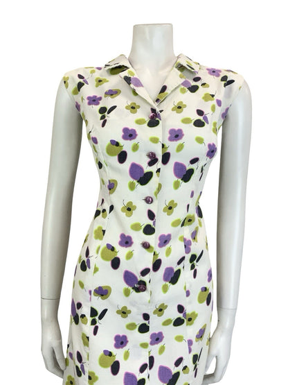 VTG 60S 70S WHITE PURPLE GREEN BLACK FLORAL SLEEVELESS SHIRT DRESS 16 18 L