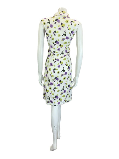 VTG 60S 70S WHITE PURPLE GREEN BLACK FLORAL SLEEVELESS SHIRT DRESS 16 18 L