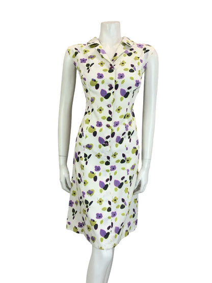 VTG 60S 70S WHITE PURPLE GREEN BLACK FLORAL SLEEVELESS SHIRT DRESS 16 18 L