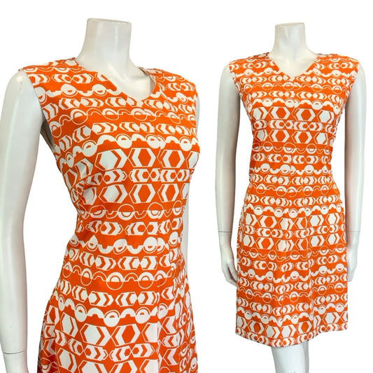 VTG 60S 70S ORANGE WHITE MOD GEOMETRIC V NECK A LINE STRIPE DRESS 10