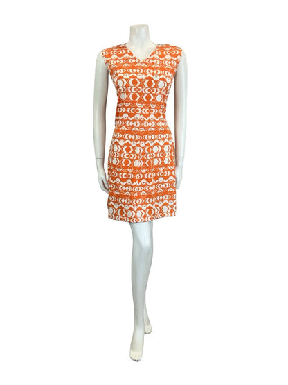 VTG 60S 70S ORANGE WHITE MOD GEOMETRIC V NECK A LINE STRIPE DRESS 10