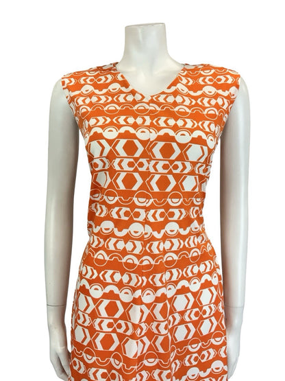 VTG 60S 70S ORANGE WHITE MOD GEOMETRIC V NECK A LINE STRIPE DRESS 10