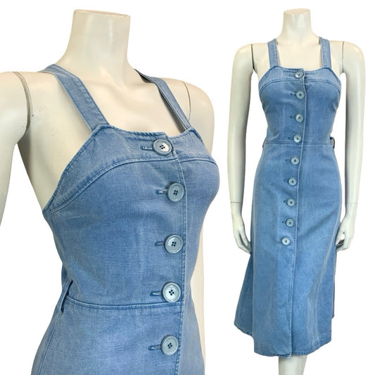 VTG 60S 70S BLUE DENIM BUTTON DOWN STRAPPY CROSS BACK MIDI SUN DRESS 4