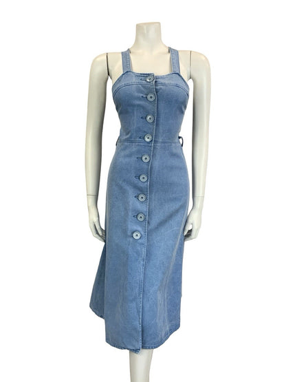 VTG 60S 70S BLUE DENIM BUTTON DOWN STRAPPY CROSS BACK MIDI SUN DRESS 4