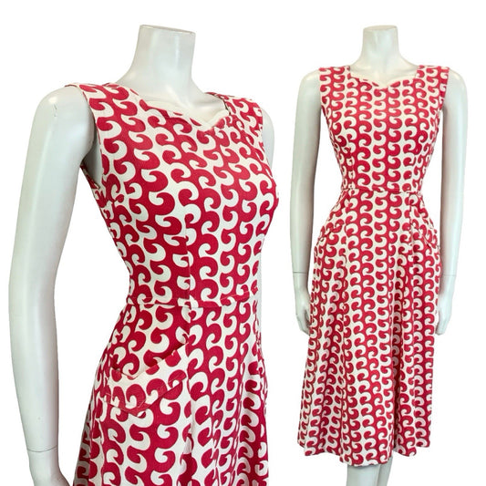 VTG 60S 70S RED WHITE GEOMETRIC WAVE SWEETHEART STRAPPY SUN MIDI DRESS S 8 10