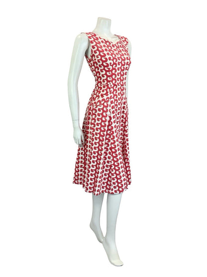 VTG 60S 70S RED WHITE GEOMETRIC WAVE SWEETHEART STRAPPY SUN MIDI DRESS S 8 10
