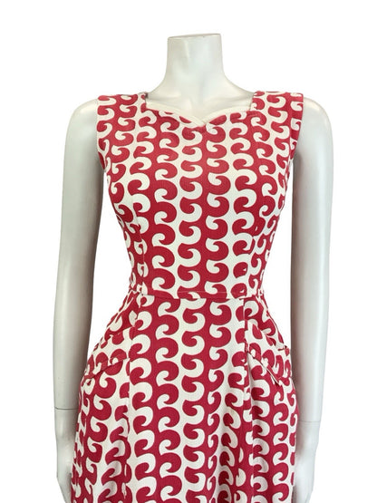 VTG 60S 70S RED WHITE GEOMETRIC WAVE SWEETHEART STRAPPY SUN MIDI DRESS S 8 10