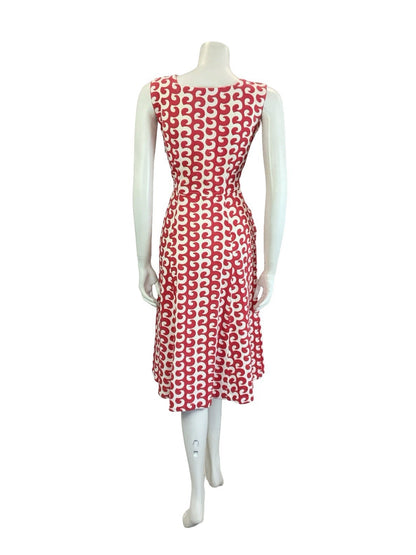 VTG 60S 70S RED WHITE GEOMETRIC WAVE SWEETHEART STRAPPY SUN MIDI DRESS S 8 10