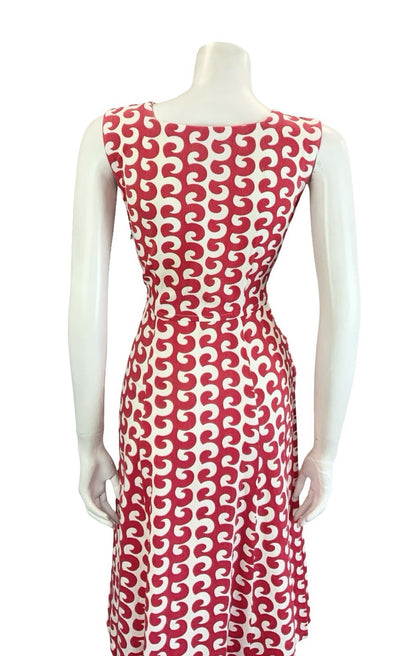 VTG 60S 70S RED WHITE GEOMETRIC WAVE SWEETHEART STRAPPY SUN MIDI DRESS S 8 10