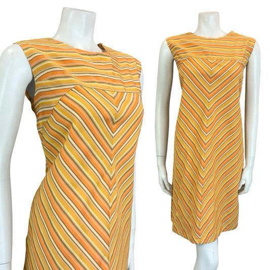 VTG 60S 70S ORANGE GREEN CREAM STRIPED CHEVRON MOD GEOMETRIC SHIFT DRESS 10