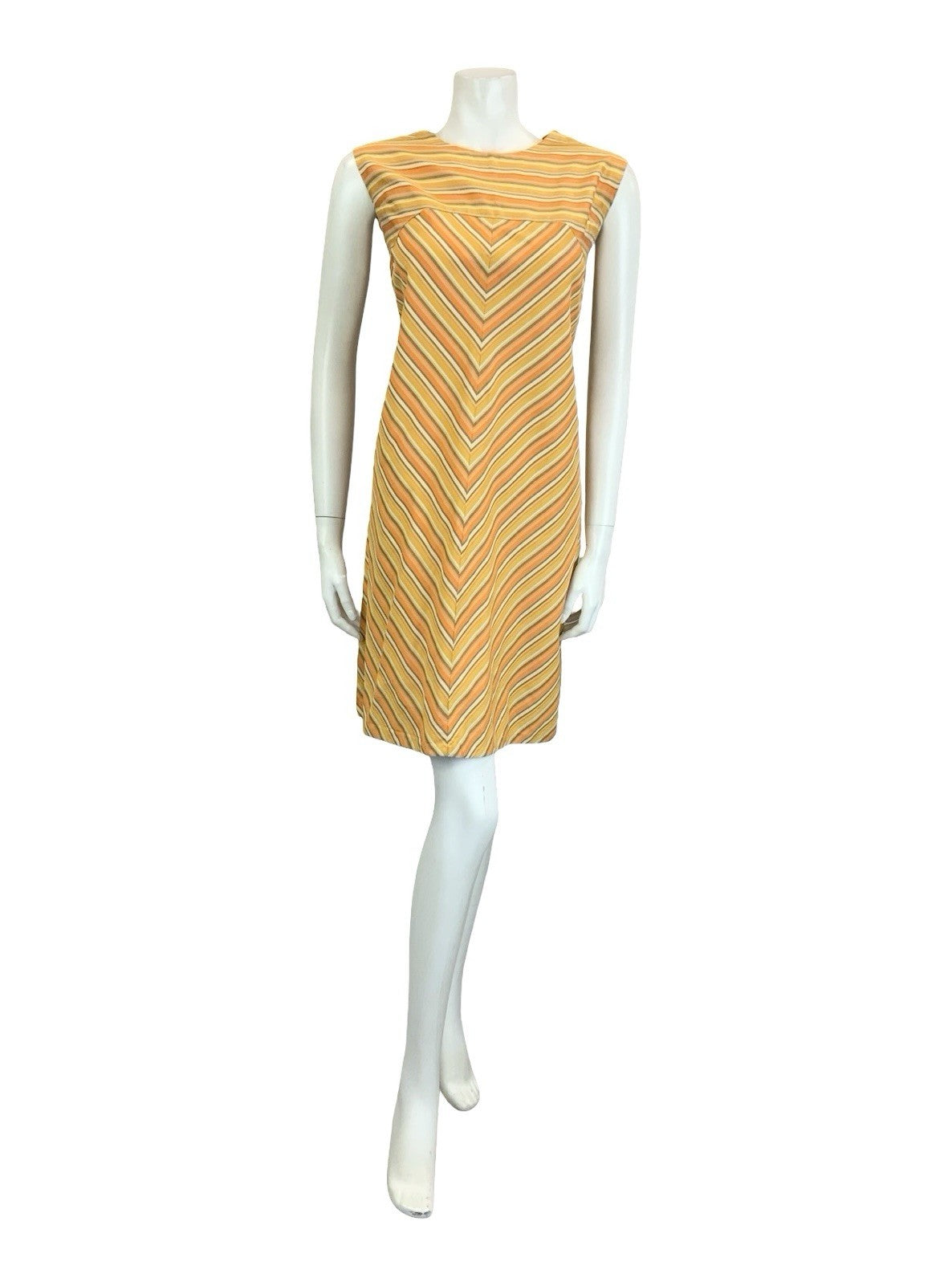 VTG 60S 70S ORANGE GREEN CREAM STRIPED CHEVRON MOD GEOMETRIC SHIFT DRESS 10