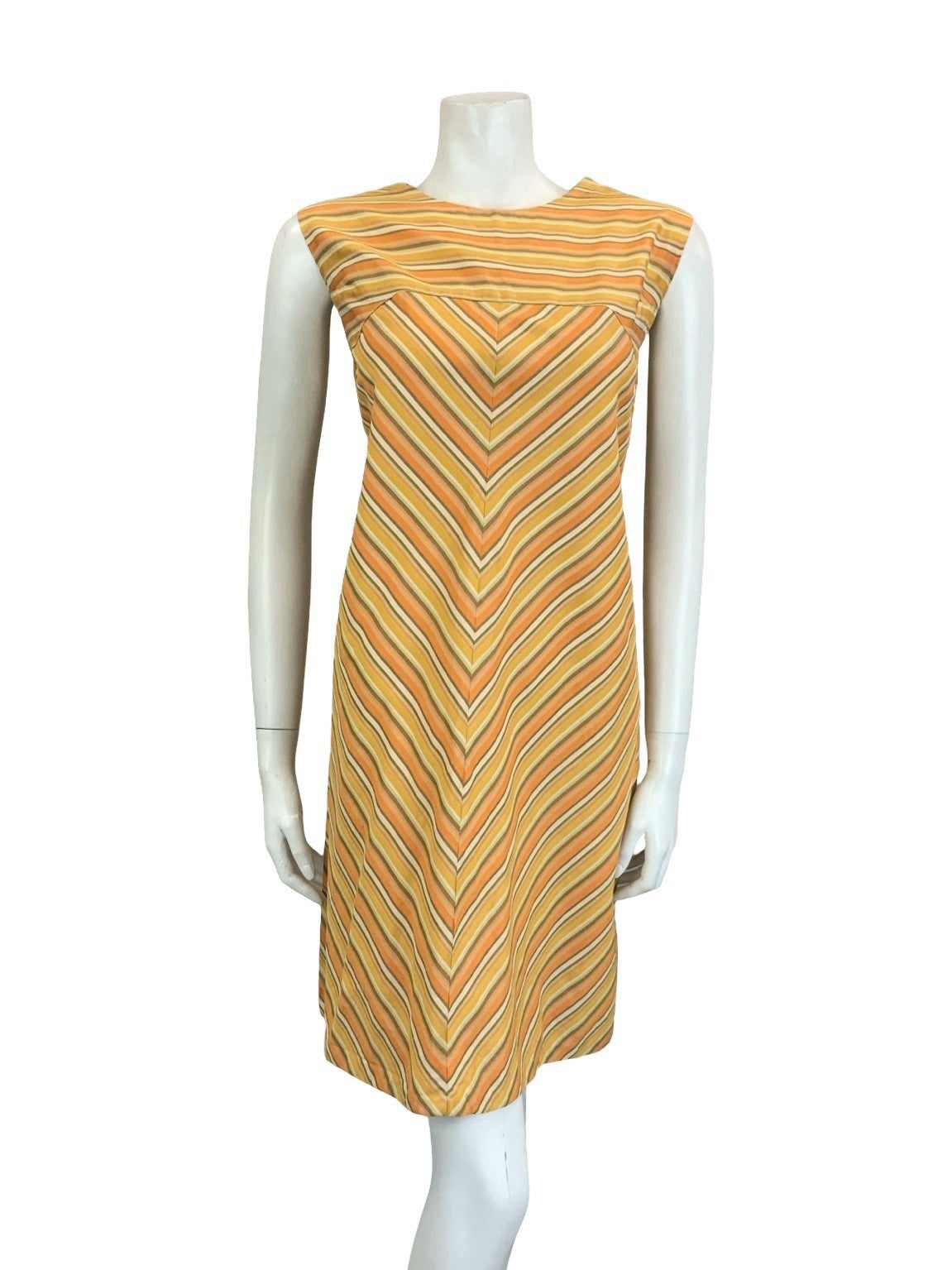 VTG 60S 70S ORANGE GREEN CREAM STRIPED CHEVRON MOD GEOMETRIC SHIFT DRESS 10