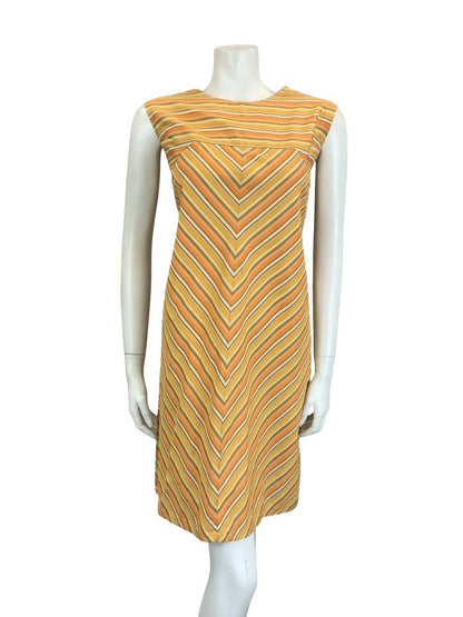 VTG 60S 70S ORANGE GREEN CREAM STRIPED CHEVRON MOD GEOMETRIC SHIFT DRESS 10