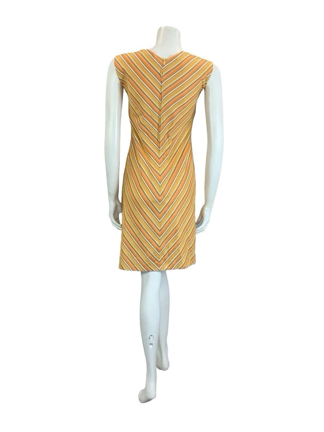 VTG 60S 70S ORANGE GREEN CREAM STRIPED CHEVRON MOD GEOMETRIC SHIFT DRESS 10