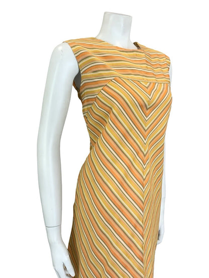 VTG 60S 70S ORANGE GREEN CREAM STRIPED CHEVRON MOD GEOMETRIC SHIFT DRESS 10
