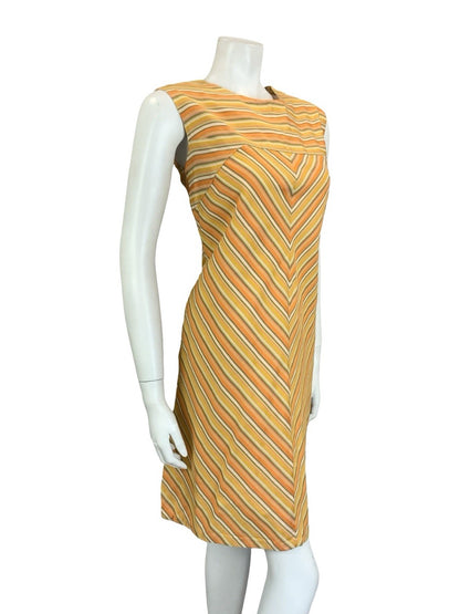 VTG 60S 70S ORANGE GREEN CREAM STRIPED CHEVRON MOD GEOMETRIC SHIFT DRESS 10