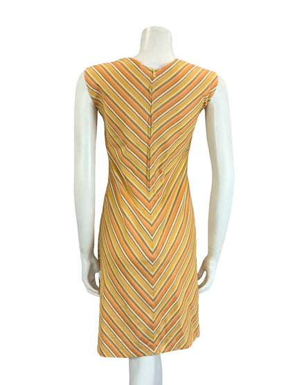 VTG 60S 70S ORANGE GREEN CREAM STRIPED CHEVRON MOD GEOMETRIC SHIFT DRESS 10