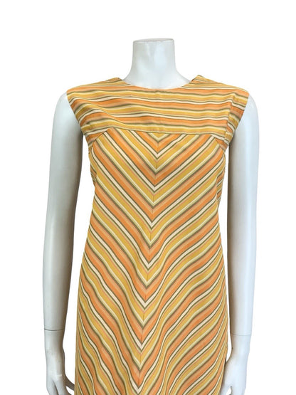 VTG 60S 70S ORANGE GREEN CREAM STRIPED CHEVRON MOD GEOMETRIC SHIFT DRESS 10