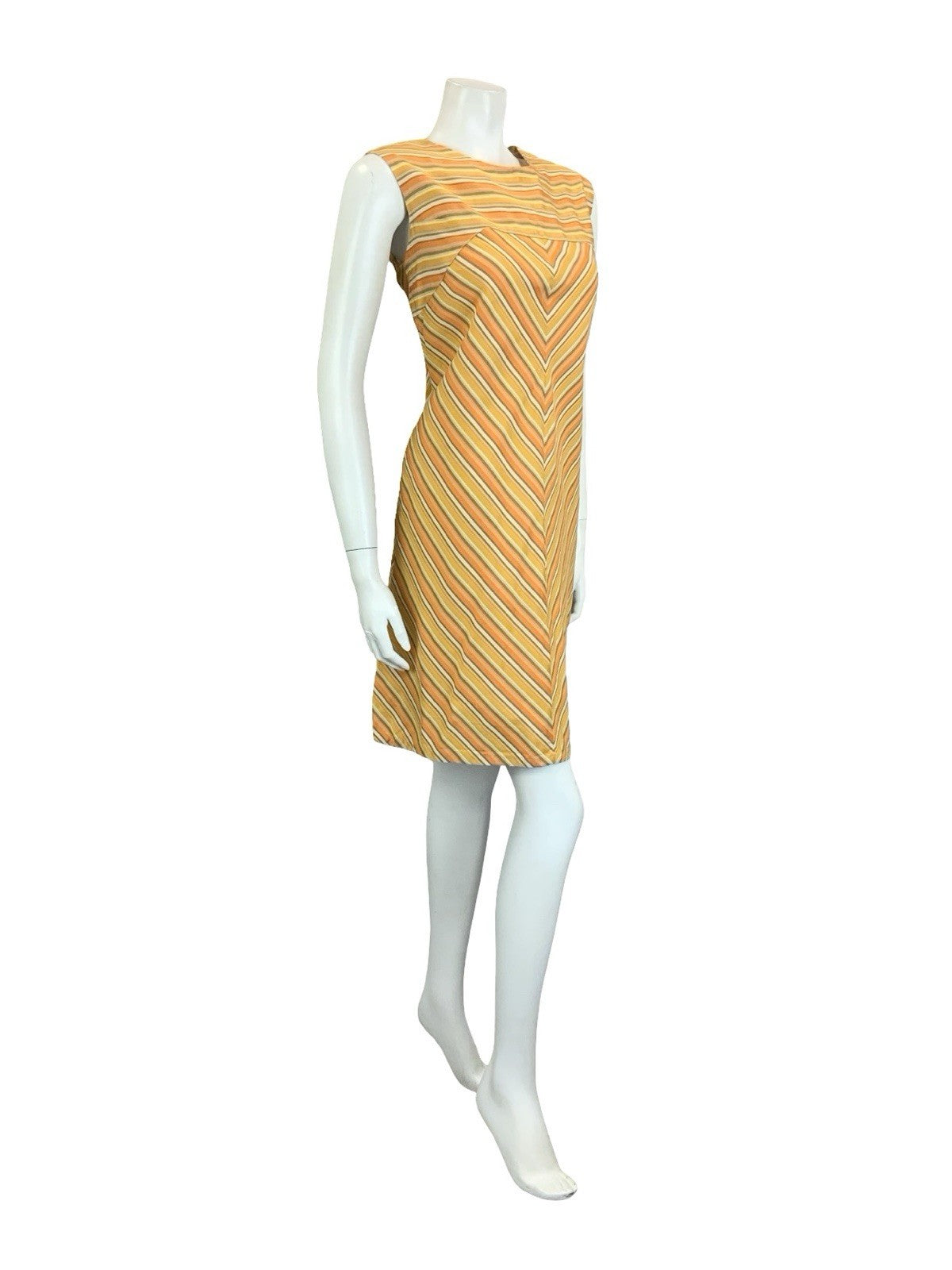 VTG 60S 70S ORANGE GREEN CREAM STRIPED CHEVRON MOD GEOMETRIC SHIFT DRESS 10