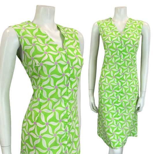 VTG 60S 70S BRIGHT GREEN WHITE PURPLE GEOMETRIC FLORAL SHIFT V NECK DRESS 10 12