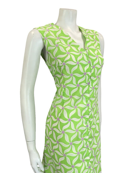 VTG 60S 70S BRIGHT GREEN WHITE PURPLE GEOMETRIC FLORAL SHIFT V NECK DRESS 10 12