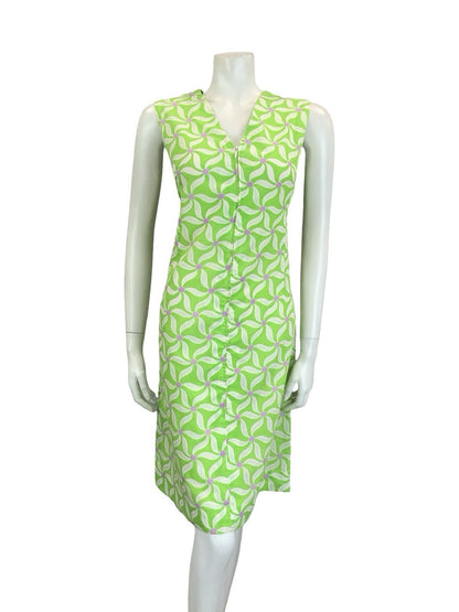 VTG 60S 70S BRIGHT GREEN WHITE PURPLE GEOMETRIC FLORAL SHIFT V NECK DRESS 10 12