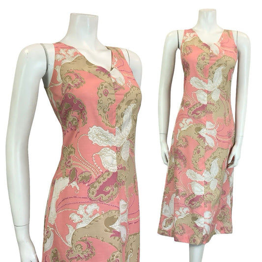 VTG 60S 70S PINK BROWN WHITE PSYCHEDELIC SWIRL PAISLEY V NECK MIDI DRESS 10