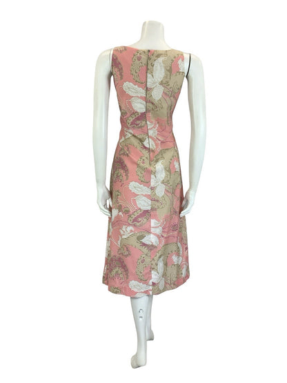 VTG 60S 70S PINK BROWN WHITE PSYCHEDELIC SWIRL PAISLEY V NECK MIDI DRESS 10