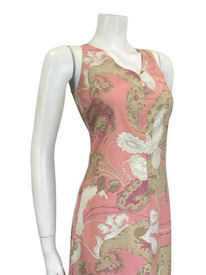 VTG 60S 70S PINK BROWN WHITE PSYCHEDELIC SWIRL PAISLEY V NECK MIDI DRESS 10