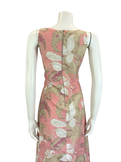 VTG 60S 70S PINK BROWN WHITE PSYCHEDELIC SWIRL PAISLEY V NECK MIDI DRESS 10