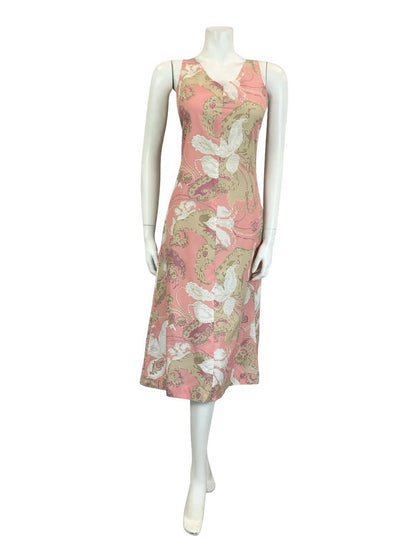 VTG 60S 70S PINK BROWN WHITE PSYCHEDELIC SWIRL PAISLEY V NECK MIDI DRESS 10