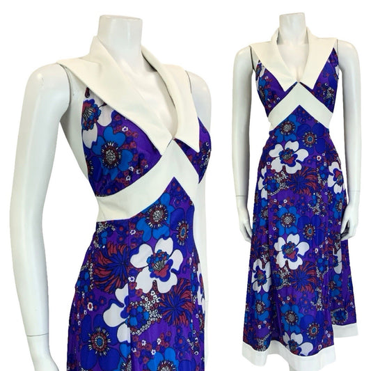 VTG 70S PURPLE BLUE RED WHITE FLORAL PSYCHEDELIC HALTER NECK COLLAR DRESS 18