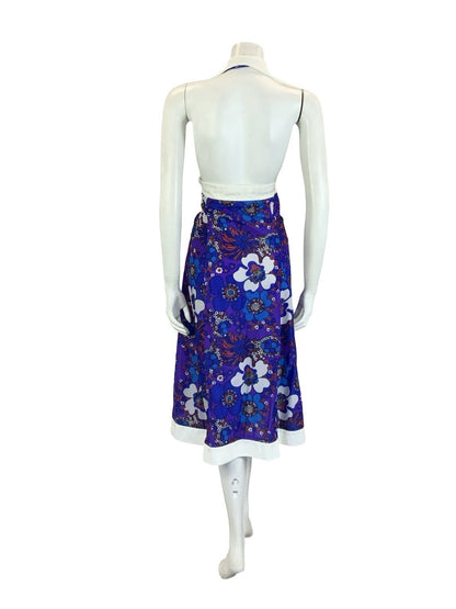 VTG 70S PURPLE BLUE RED WHITE FLORAL PSYCHEDELIC HALTER NECK COLLAR DRESS 18