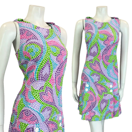 VTG 60S 70S PURPLE GREEN PINK BLUE DOUBLE BREAST MOSAIC SKORT PLAYSUIT 10 12