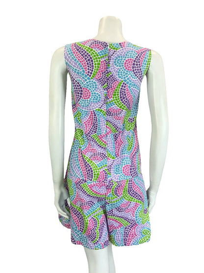 VTG 60S 70S PURPLE GREEN PINK BLUE DOUBLE BREAST MOSAIC SKORT PLAYSUIT 10 12