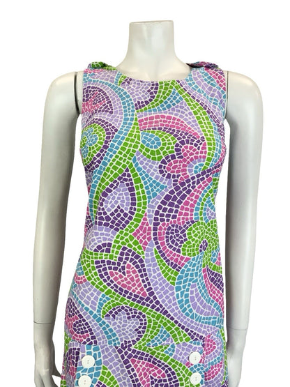 VTG 60S 70S PURPLE GREEN PINK BLUE DOUBLE BREAST MOSAIC SKORT PLAYSUIT 10 12