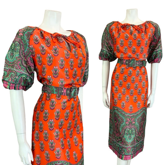 VTG 60S 70S RED GREEN PINK PSYCHEDELIC PAISLEY MANDALA BELTED KEYHOLE DRESS 10
