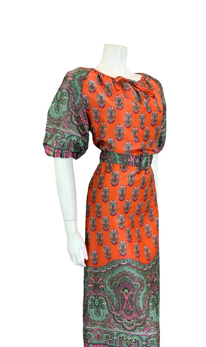 VTG 60S 70S RED GREEN PINK PSYCHEDELIC PAISLEY MANDALA BELTED KEYHOLE DRESS 10