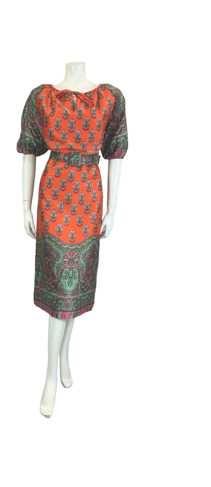 VTG 60S 70S RED GREEN PINK PSYCHEDELIC PAISLEY MANDALA BELTED KEYHOLE DRESS 10