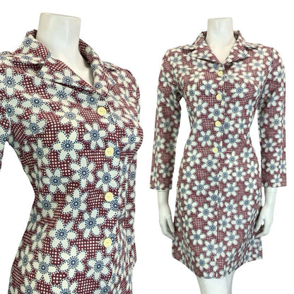 VTG 60S 70S MOD PLUM PURPLE BLUE WHITE GEOMETRIC FLORAL DOTTY SHIRT DRESS 10
