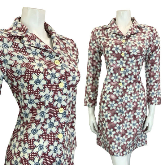 VTG 60S 70S MOD PLUM PURPLE BLUE WHITE GEOMETRIC FLORAL DOTTY SHIRT DRESS 10