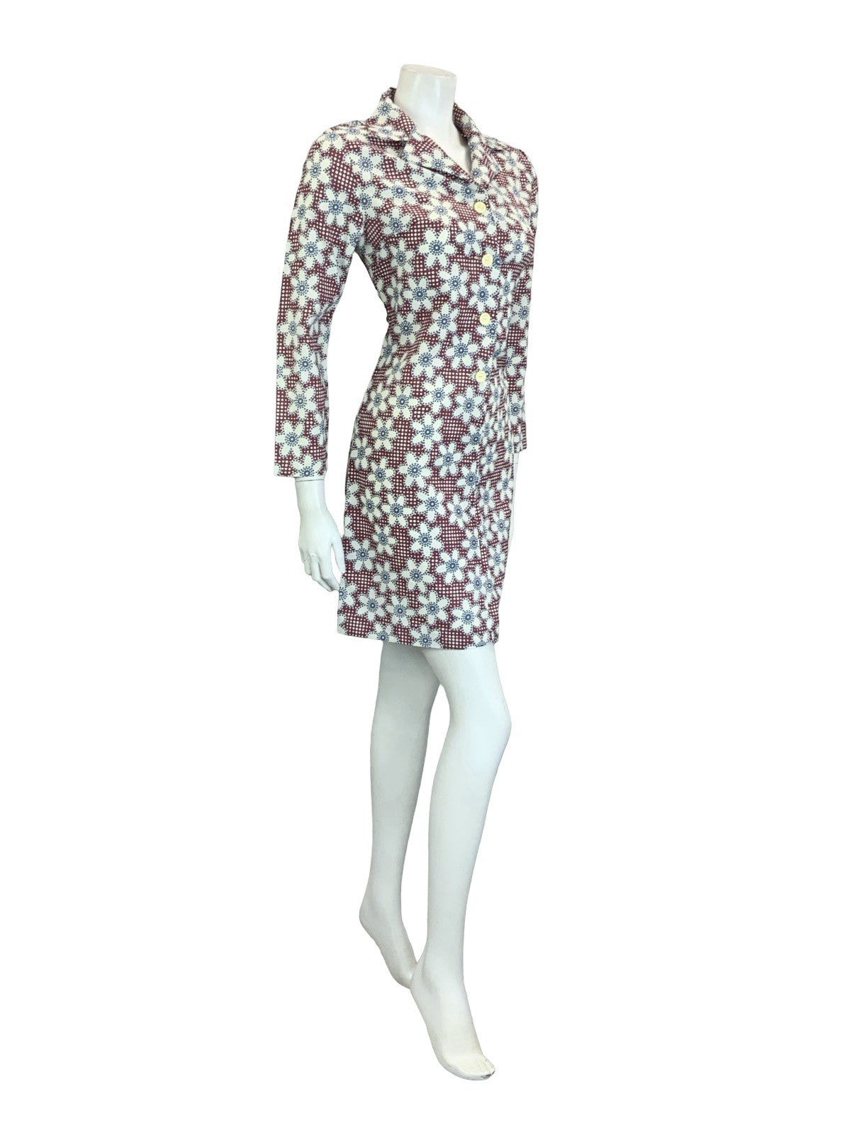 VTG 60S 70S MOD PLUM PURPLE BLUE WHITE GEOMETRIC FLORAL DOTTY SHIRT DRESS 10