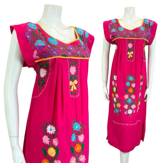 VTG 70S PINK GREEN BLUE YELLOW MEXICAN FOLK EMBROIDERED FLORAL YOKE DRESS 10